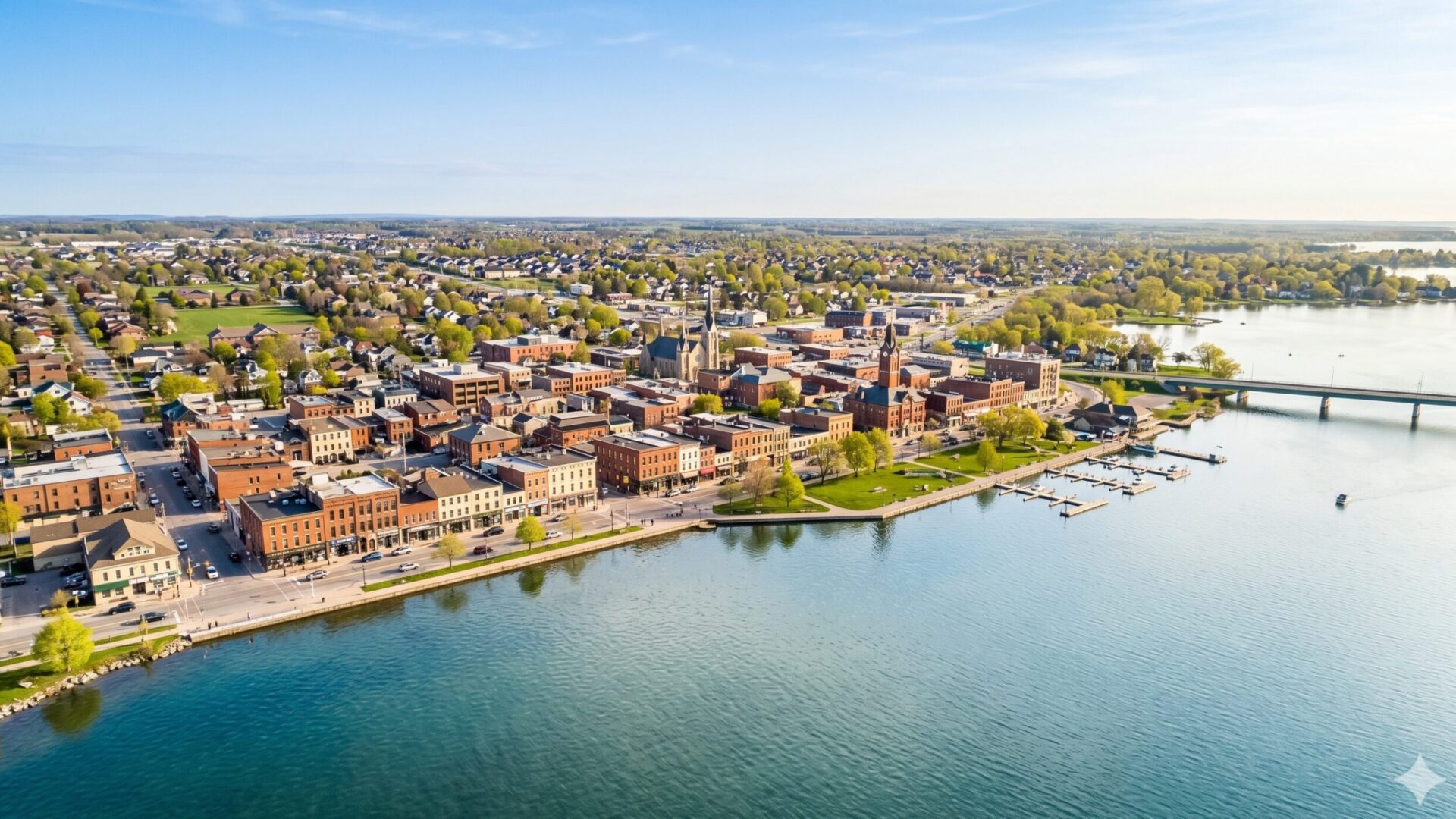 Aerial view of downtown Belleville and the Bay of Quinte waterfront on a clear spring morning