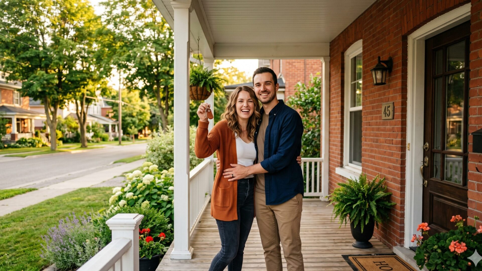 A young couple standing on the front porch of their new home in Belleville Ontario, smiling and holding keys