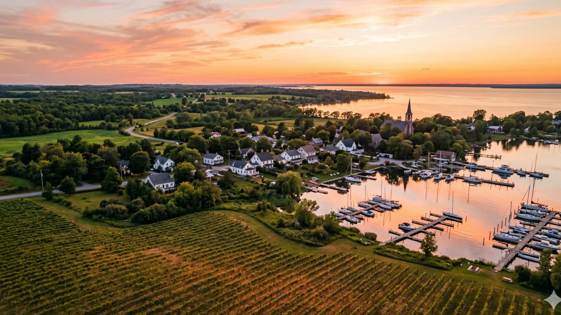 Aerial view of a Prince Edward County vineyard with rows of grapevines leading to a quiet harbour at golden hour